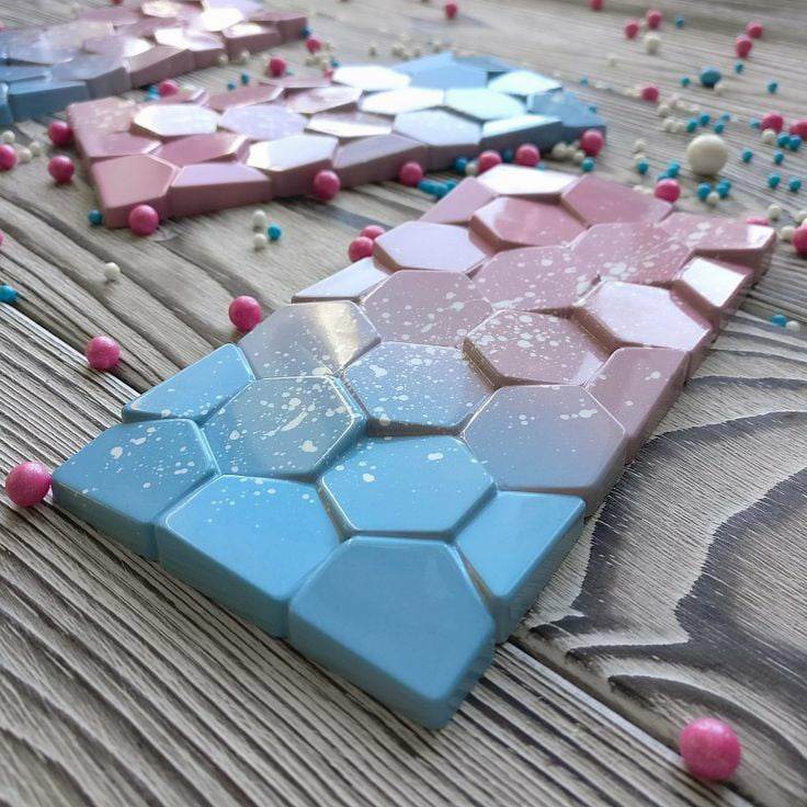 Blue and pink dark chocolate bar