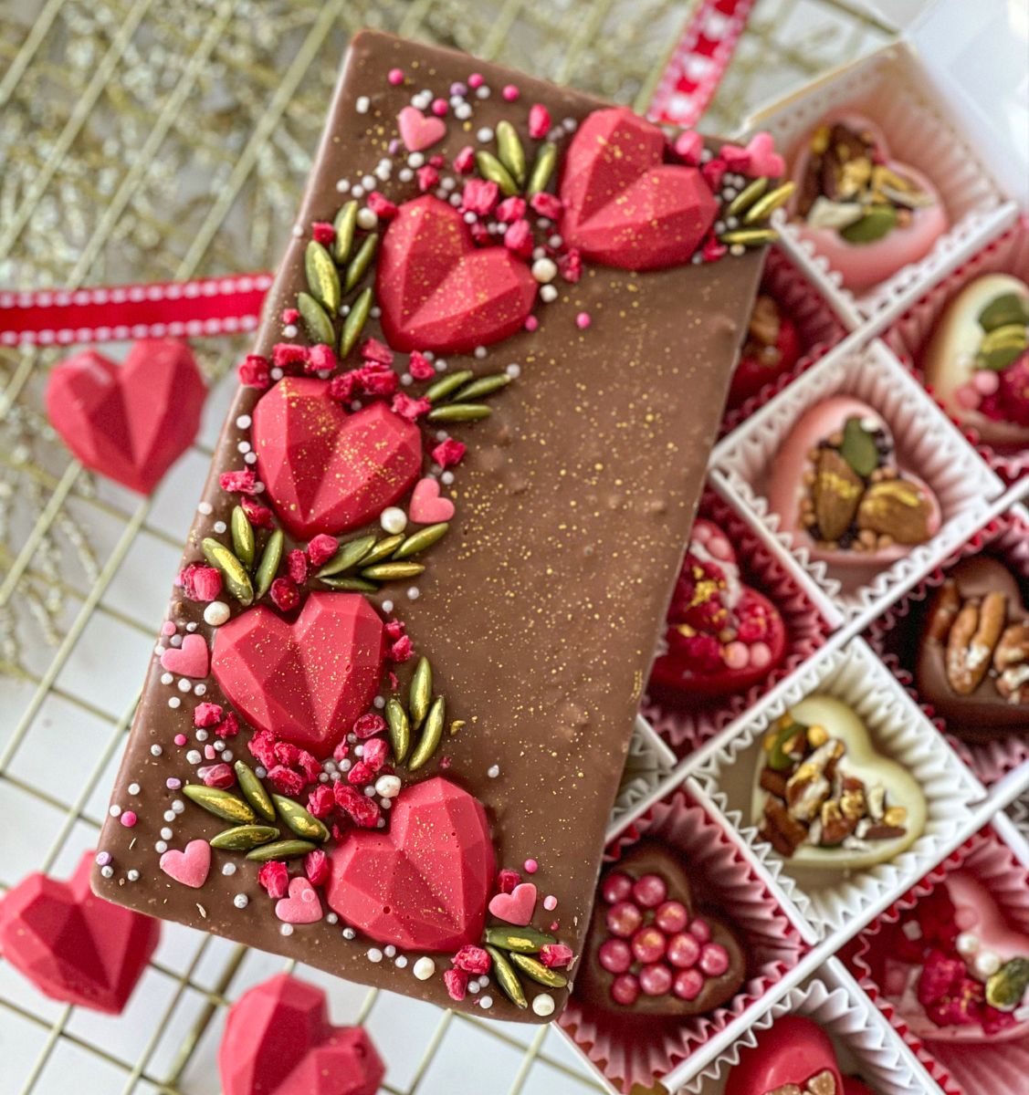 Immerse yourself in the magic of taste with our 'Red Hearts and Pumpkin Seeds' chocolate bar and enjoy every moment of sweet indulgence!