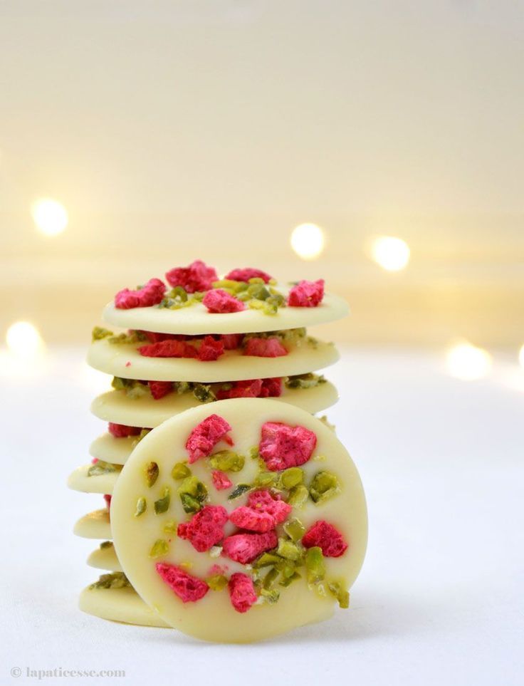 White chocolate mendicant with dried raspberries and pistachios